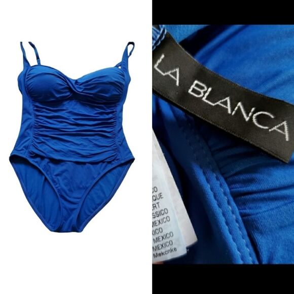 14 LA BLANCA BLUE RUCHED WAIST ONE PIECE slimming gathered SWIMSUIT extra large - Picture 1 of 10